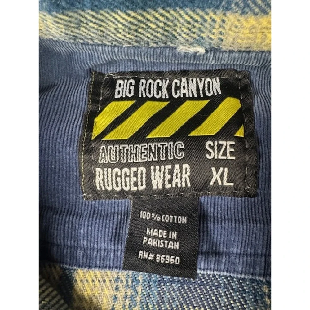 Big Rock Canyon Flannel Shirt Mens XL Blue‎ Yellow Plaid Heavyweight Rugged Wear